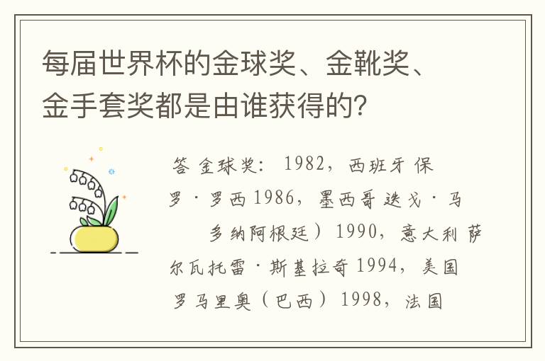 每届世界杯的金球奖、金靴奖、金手套奖都是由谁获得的？