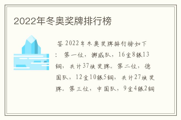 2022年冬奥奖牌排行榜