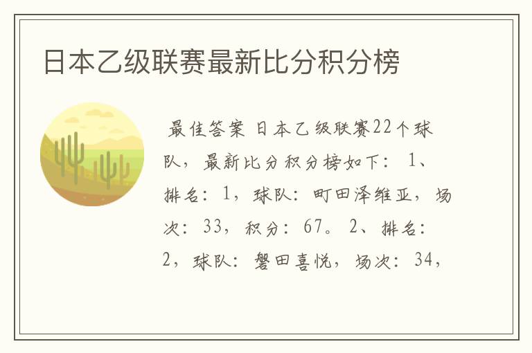 日本乙级联赛最新比分积分榜