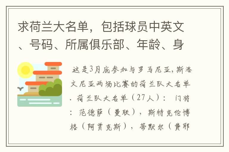 求荷兰大名单，包括球员中英文、号码、所属俱乐部、年龄、身高、位置。有曾效力的球队最好