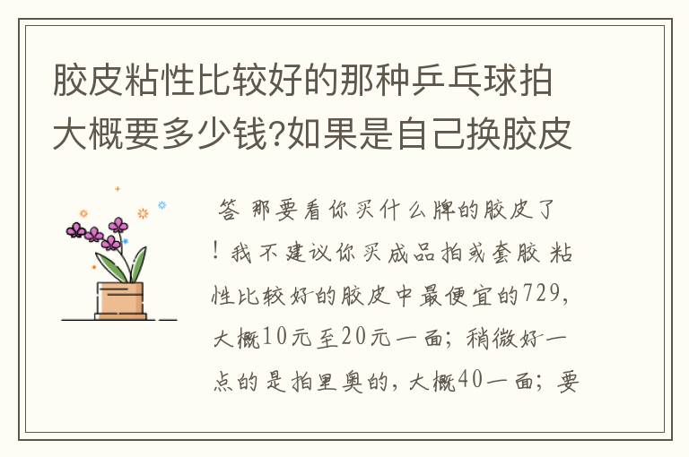 胶皮粘性比较好的那种乒乓球拍大概要多少钱?如果是自己换胶皮,那胶皮贵不?