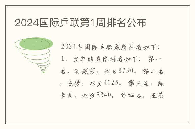 2024国际乒联第1周排名公布