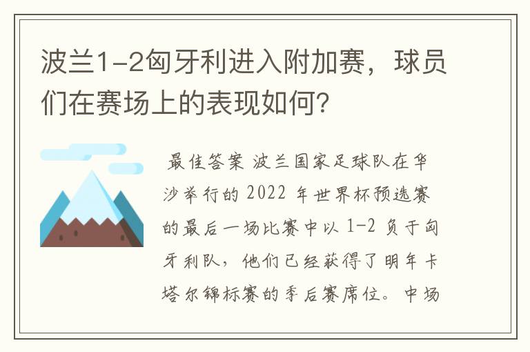 波兰1-2匈牙利进入附加赛，球员们在赛场上的表现如何？