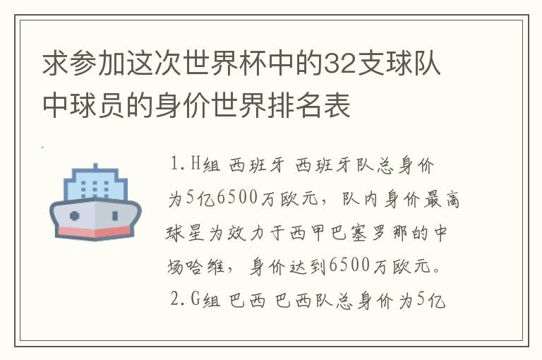 求参加这次世界杯中的32支球队中球员的身价世界排名表