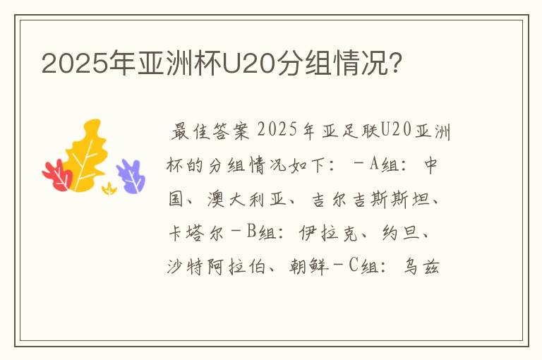 2025年亚洲杯U20分组情况？