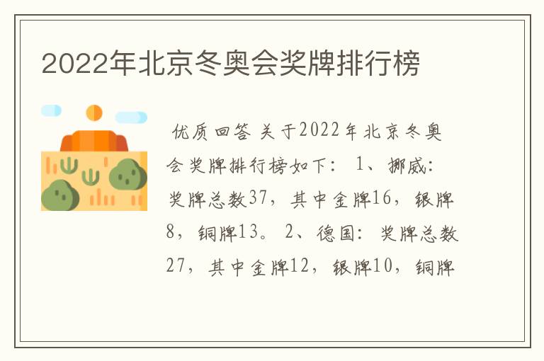 2022年北京冬奥会奖牌排行榜