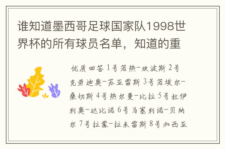 谁知道墨西哥足球国家队1998世界杯的所有球员名单，知道的重赏