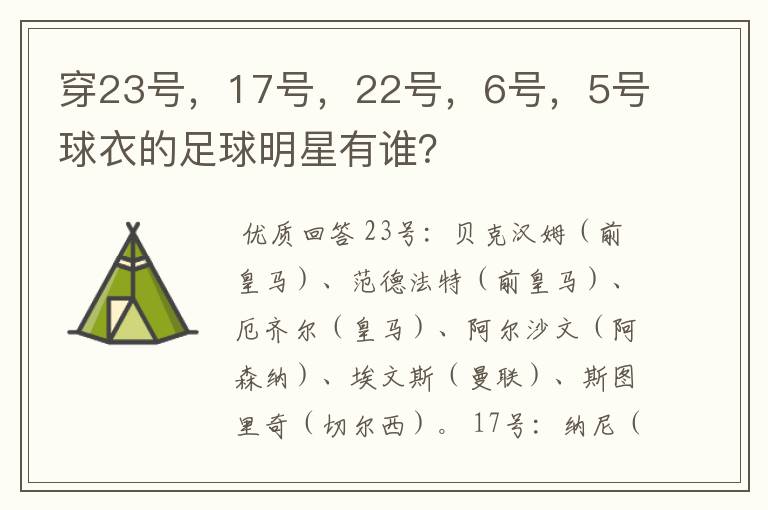 穿23号，17号，22号，6号，5号球衣的足球明星有谁？