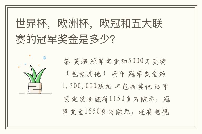 世界杯，欧洲杯，欧冠和五大联赛的冠军奖金是多少？