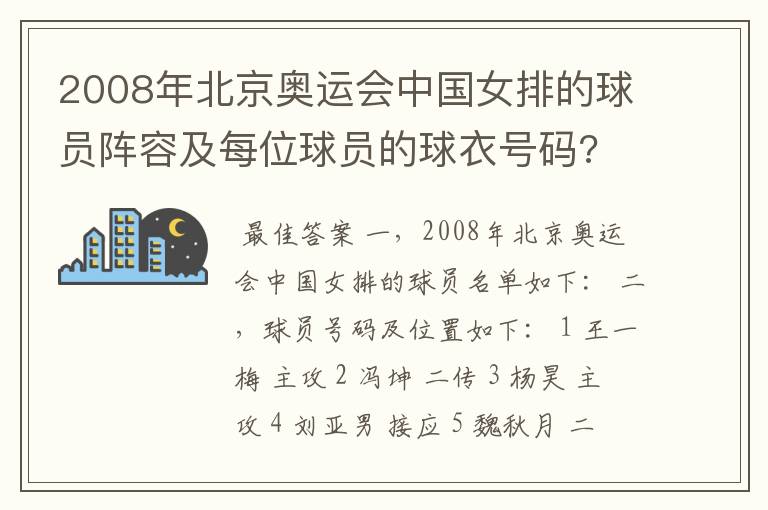 2008年北京奥运会中国女排的球员阵容及每位球员的球衣号码?