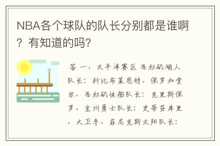 NBA各个球队的队长分别都是谁啊？有知道的吗？