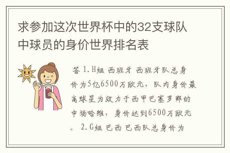 求参加这次世界杯中的32支球队中球员的身价世界排名表