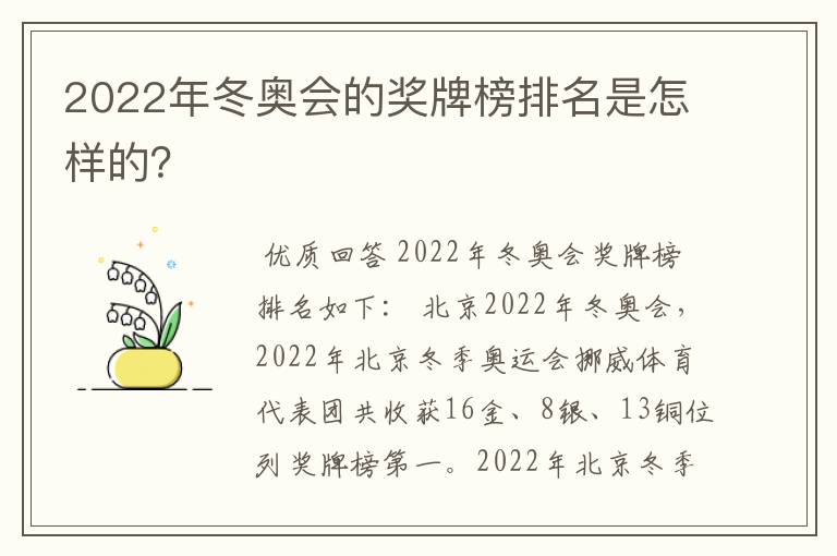 2022年冬奥会的奖牌榜排名是怎样的？