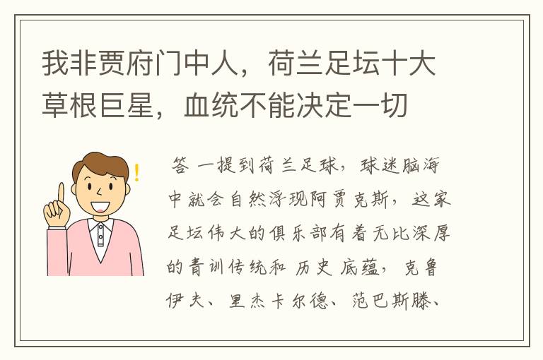 我非贾府门中人，荷兰足坛十大草根巨星，血统不能决定一切