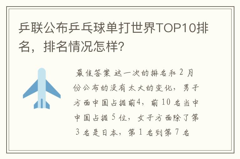 乒联公布乒乓球单打世界TOP10排名，排名情况怎样？