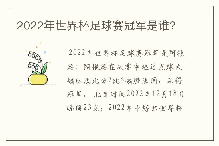 2022年世界杯足球赛冠军是谁?