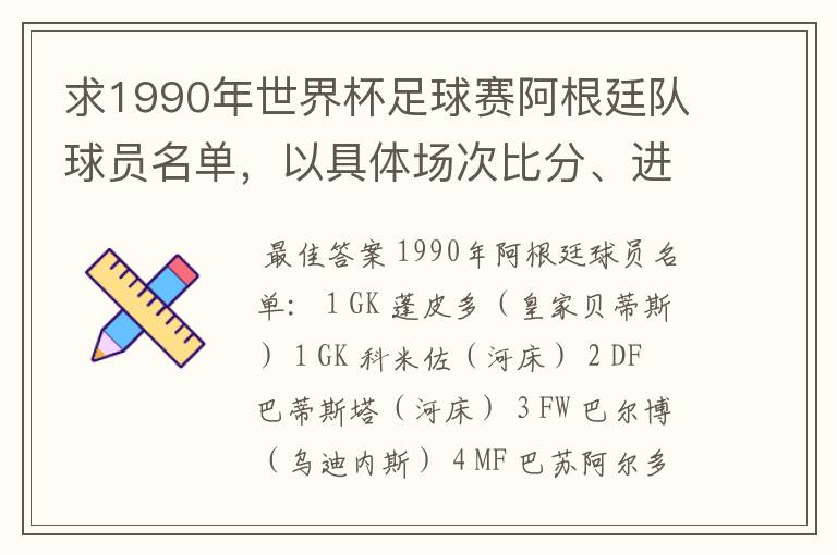 求1990年世界杯足球赛阿根廷队球员名单，以具体场次比分、进球者