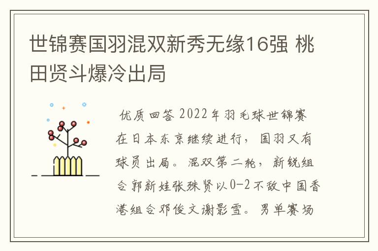 世锦赛国羽混双新秀无缘16强 桃田贤斗爆冷出局