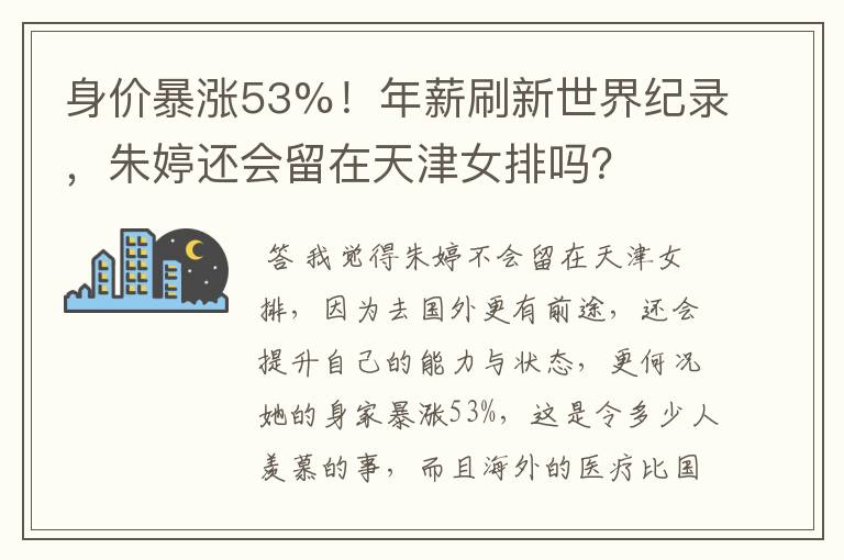 身价暴涨53%!年薪刷新世界纪录,朱婷还会留在天津女排吗?