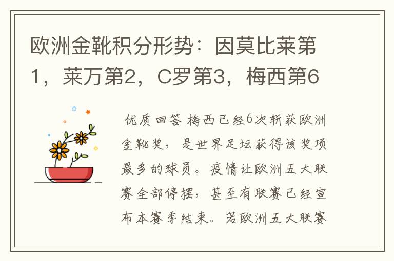 欧洲金靴积分形势：因莫比莱第1，莱万第2，C罗第3，梅西第6