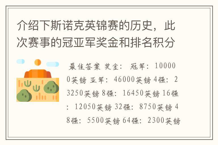 介绍下斯诺克英锦赛的历史，此次赛事的冠亚军奖金和排名积分各是多少？