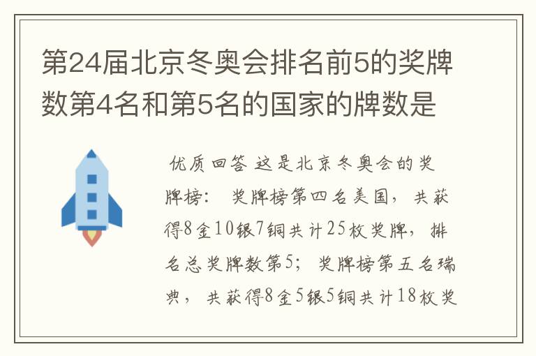 第24届北京冬奥会排名前5的奖牌数第4名和第5名的国家的牌数是多少？