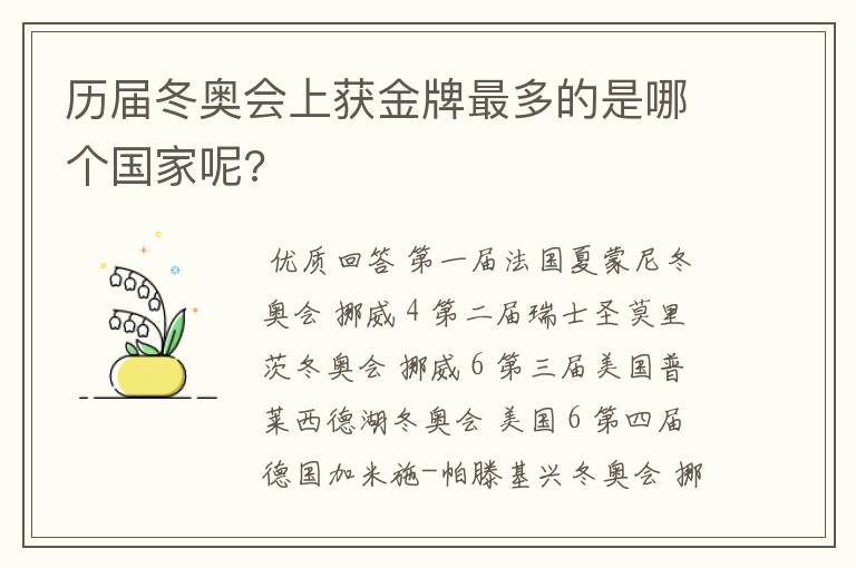 历届冬奥会上获金牌最多的是哪个国家呢?