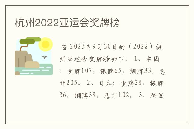 杭州2022亚运会奖牌榜