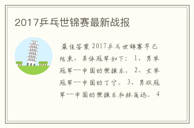 2017乒乓世锦赛最新战报