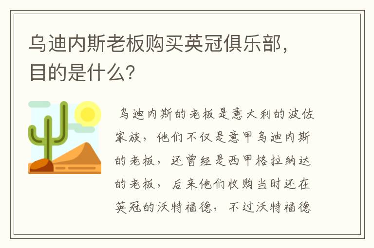 乌迪内斯老板购买英冠俱乐部，目的是什么？