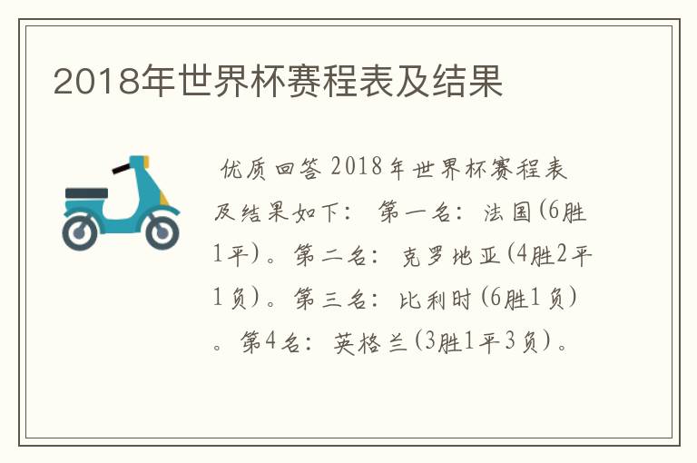 2018年世界杯赛程表及结果