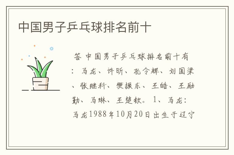 中国男子乒乓球排名前十