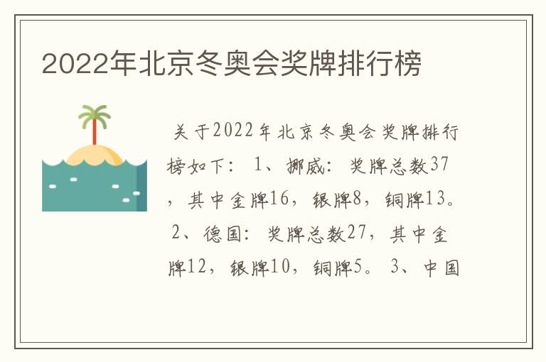 2022年北京冬奥会奖牌排行榜