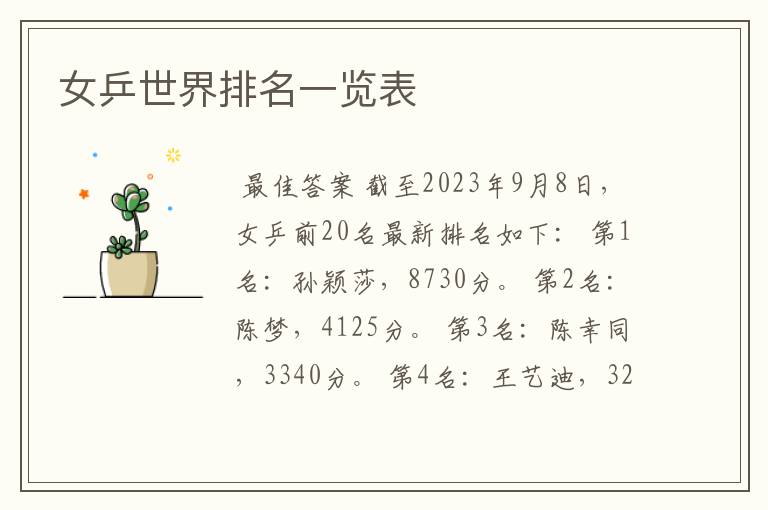 女乒世界排名一览表