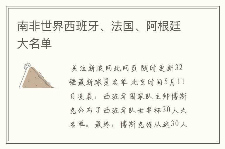 南非世界西班牙、法国、阿根廷大名单
