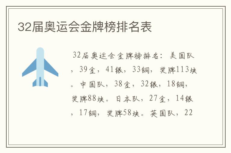 32届奥运会金牌榜排名表