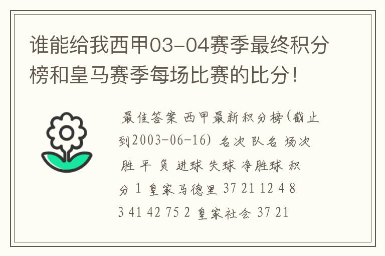 谁能给我西甲03-04赛季最终积分榜和皇马赛季每场比赛的比分！