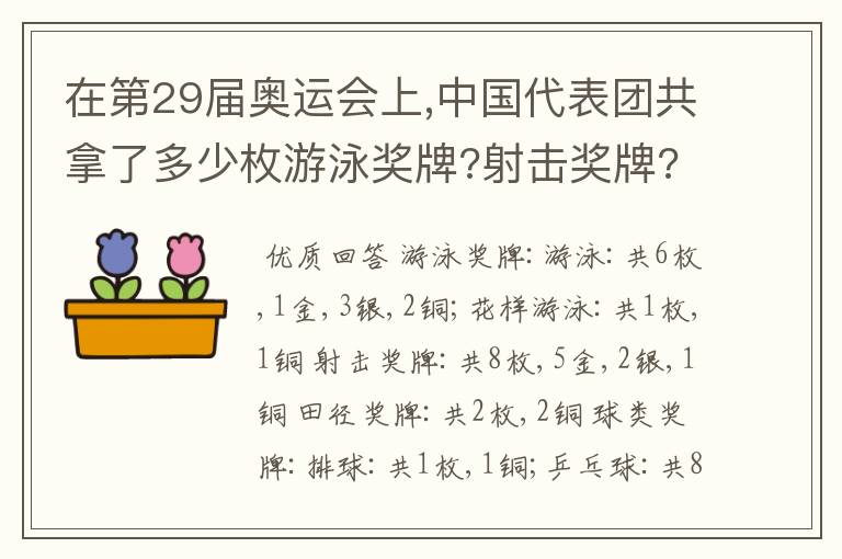 在第29届奥运会上,中国代表团共拿了多少枚游泳奖牌?射击奖牌?田径奖牌?球类奖牌?体操奖牌?摔交奖牌?