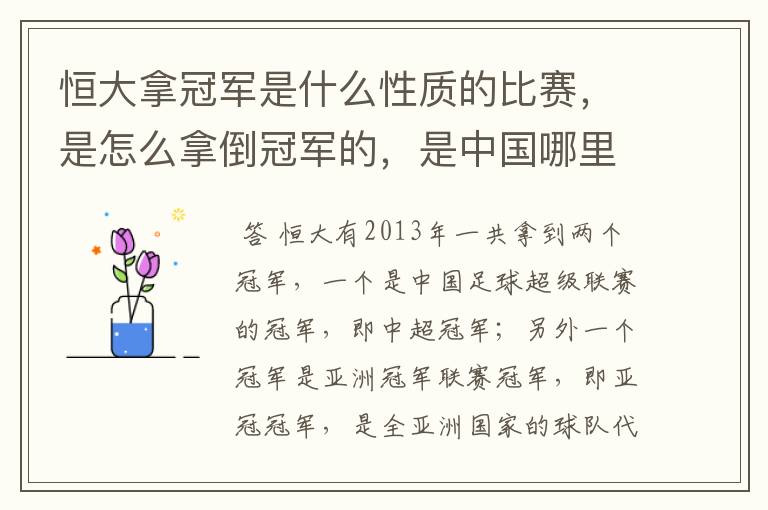 恒大拿冠军是什么性质的比赛，是怎么拿倒冠军的，是中国哪里的球队？恒大的投资人是谁，有哪些实力