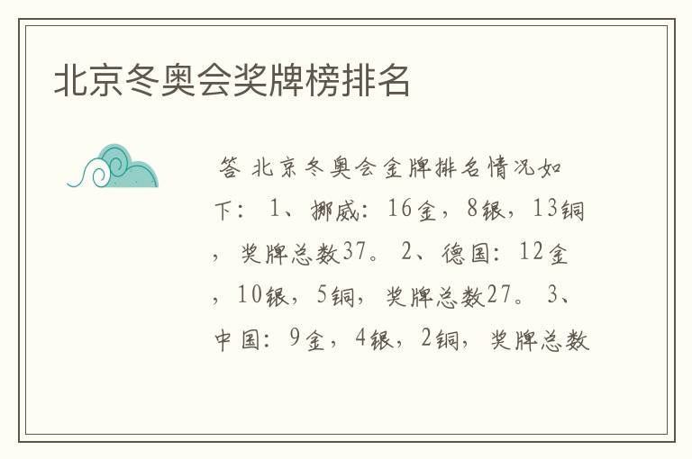 北京冬奥会奖牌榜排名