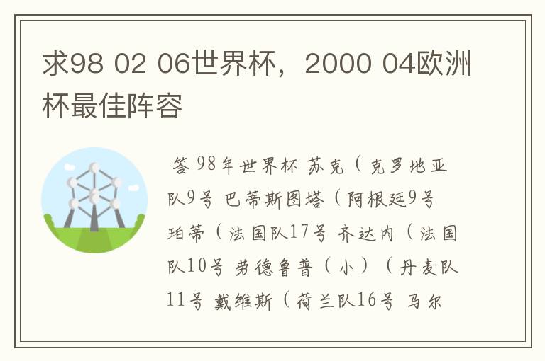 求98 02 06世界杯，2000 04欧洲杯最佳阵容