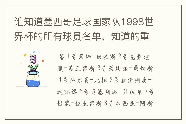 谁知道墨西哥足球国家队1998世界杯的所有球员名单，知道的重赏