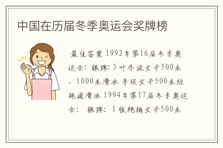 中国在历届冬季奥运会奖牌榜