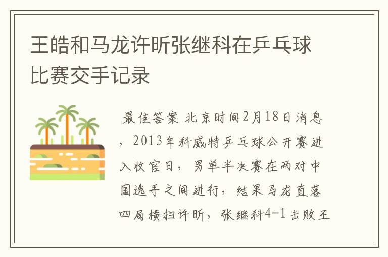 王皓和马龙许昕张继科在乒乓球比赛交手记录