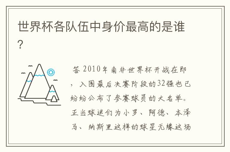 世界杯各队伍中身价最高的是谁?