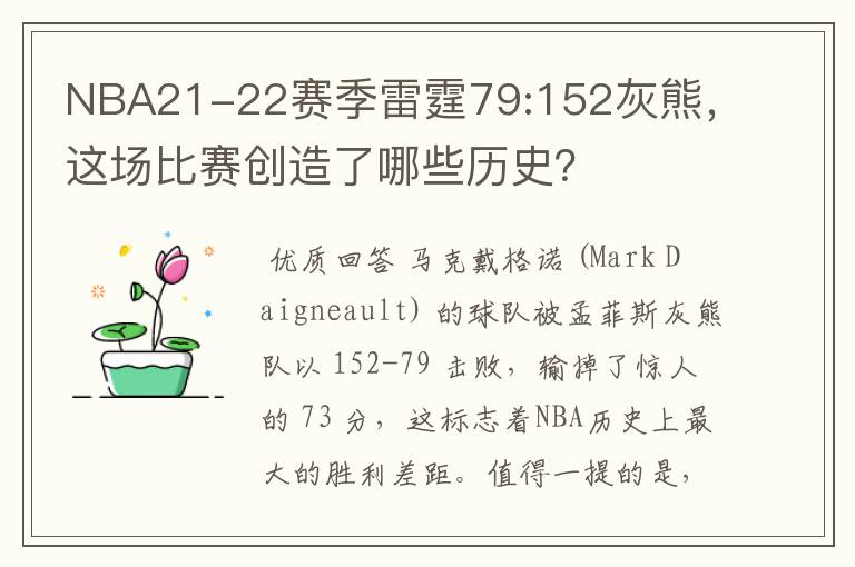NBA21-22赛季雷霆79:152灰熊,这场比赛创造了哪些历史?