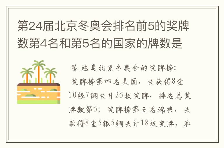 第24届北京冬奥会排名前5的奖牌数第4名和第5名的国家的牌数是多少?