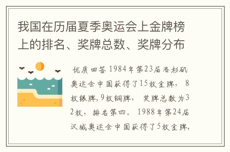 我国在历届夏季奥运会上金牌榜上的排名、奖牌总数、奖牌分布等情况