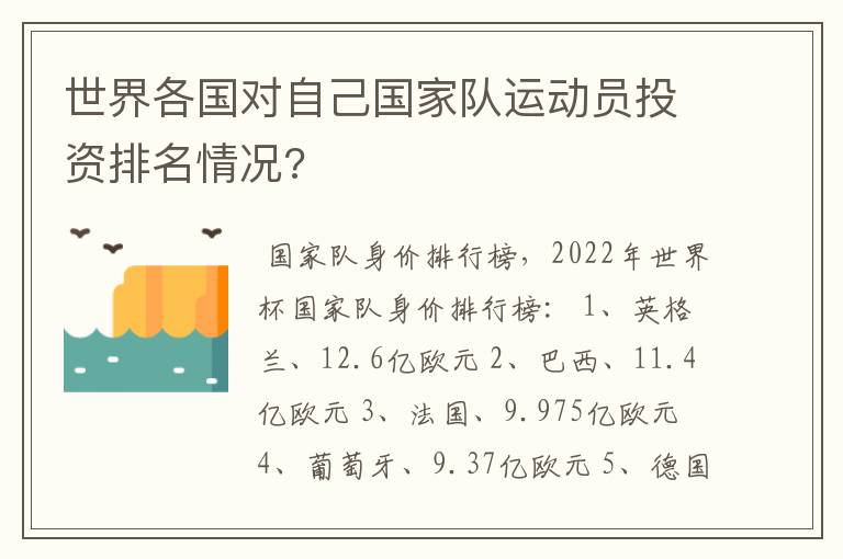 世界各国对自己国家队运动员投资排名情况?