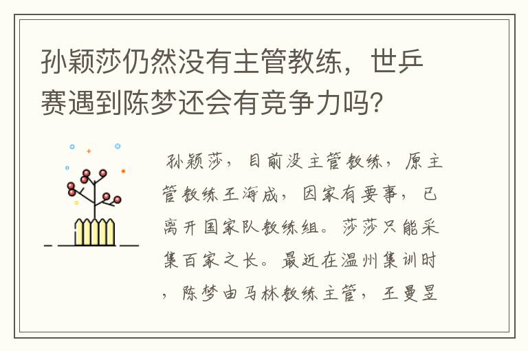 孙颖莎仍然没有主管教练,世乒赛遇到陈梦还会有竞争力吗?
